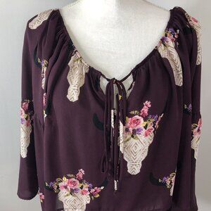 Altar’d State Womens Boho Crop Top Maroon Wine Floral Skull Bell Sleeves Sz L